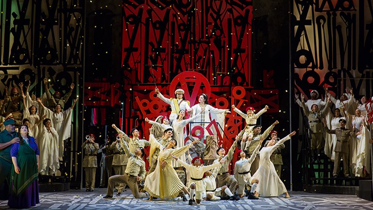 Actors onstage for a performance of Aida.