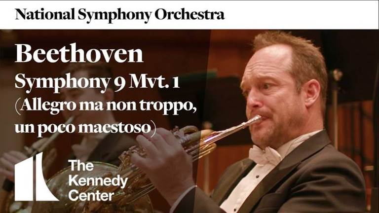 NSO French Horn Player performs the instrument. Text overlay says Beethoven Symphony No. 9, Mvmt. 1