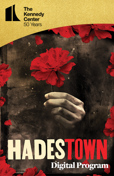 Program for Hadestown (hand holding out a red carnation amongst other petals)