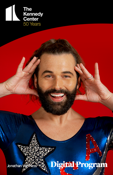 KC 50 Program cover for  Jonathan Van Ness (poses with hands aside his head)