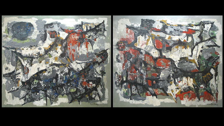 Combat of Astrobeings No. I & II, 2 oil paintings by Raquel Forner, on the Box Tier of the Opera House