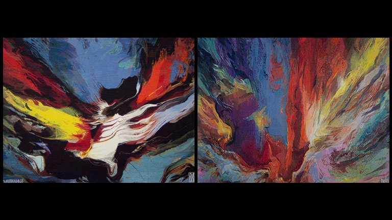 Poem to Fire One & Two, these 2 tapestries by Leonardo Nierman, on the Box Tier of the Eisenhower Theater