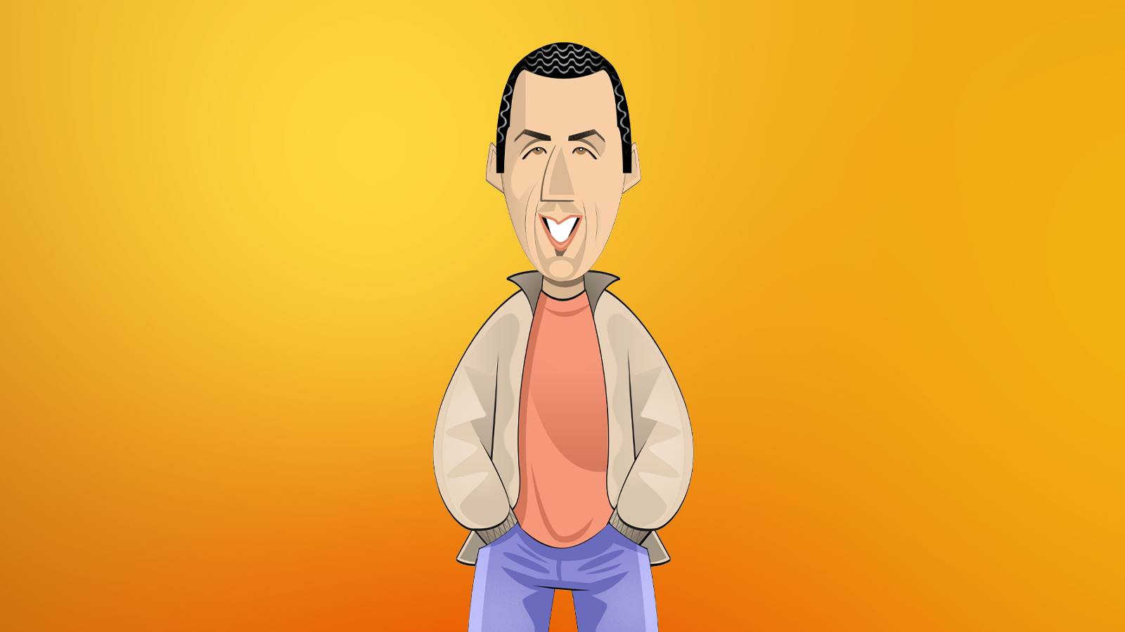 Illustration of Adam Sandler smiling with hands in pockets