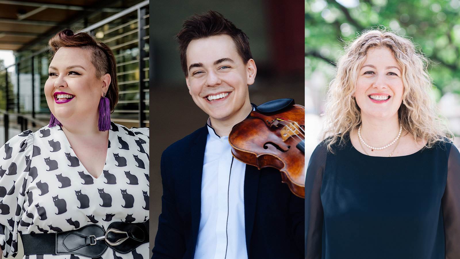 Composite of three artists - They are all smiling and looking at the camera. 