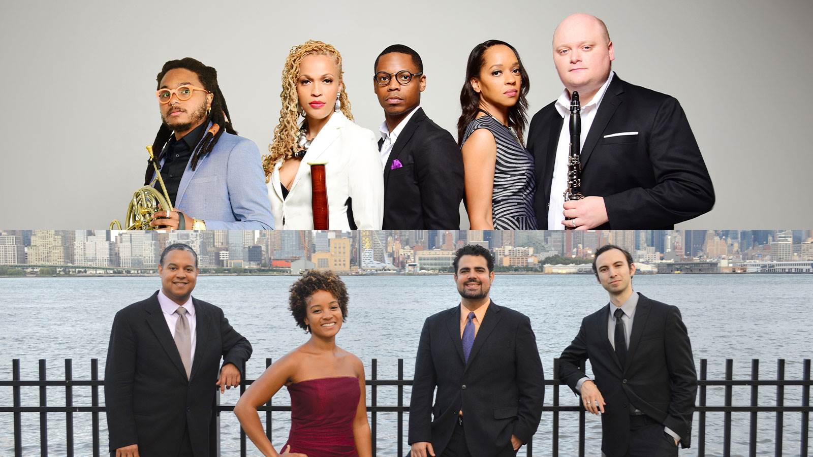 Composite of Imani Winds artists on top. and Harlem Quartet artists on the bottom. Imani Winds artists are holding their instruments. Harlem Quartet  artist are posing in front of the a river.