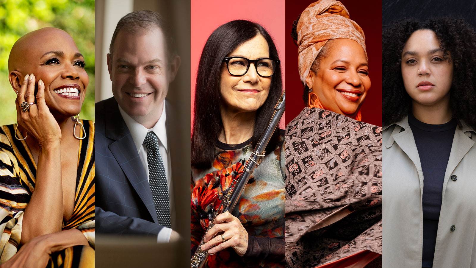 Photo composite of DeeDee Bridgewater, Bill Charlap, Jamie Baum, Fay Victors, and Savannah Harris.