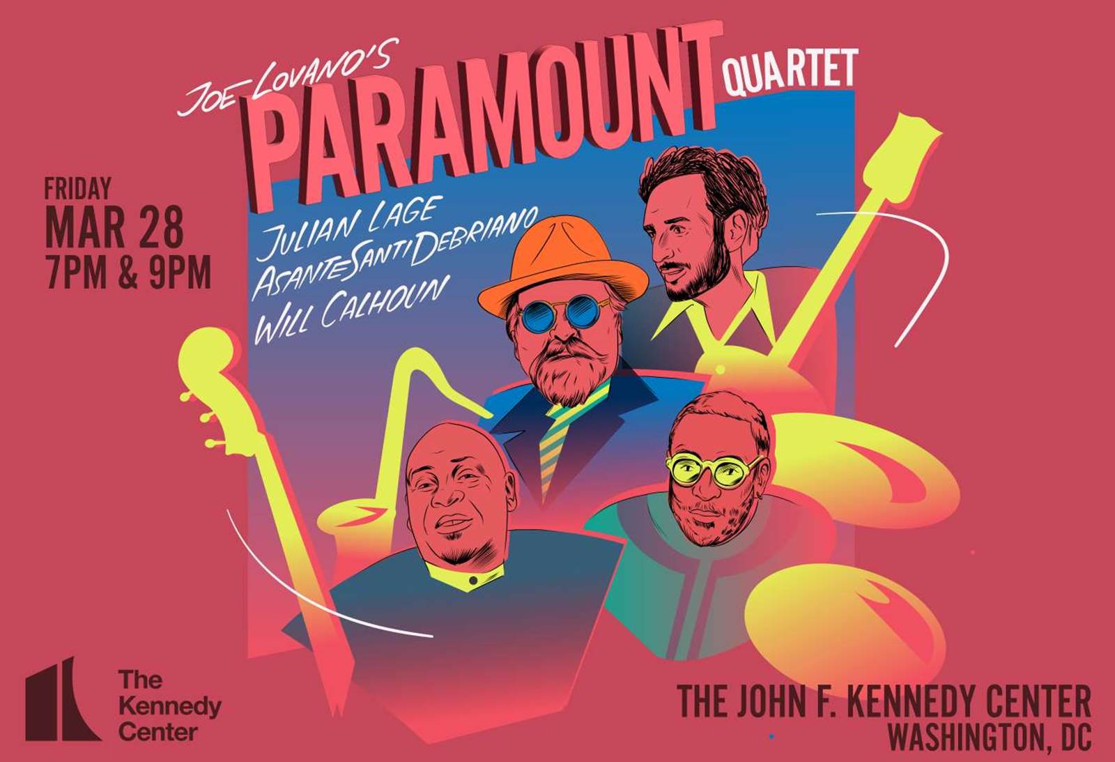 Illustration in retro style with drawings of Joe Lovano, Julian Lage, Asante Santi Devbriano, and Will Calhoun