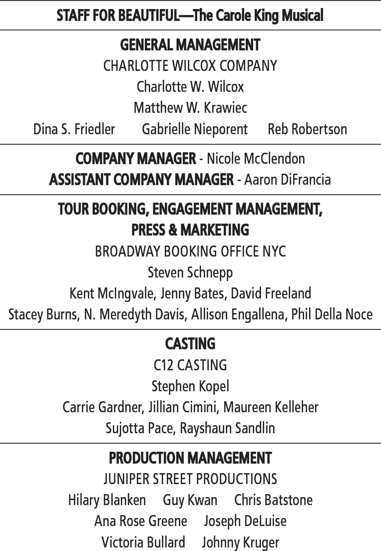 Staff for Beautifu - The Carole King Musical