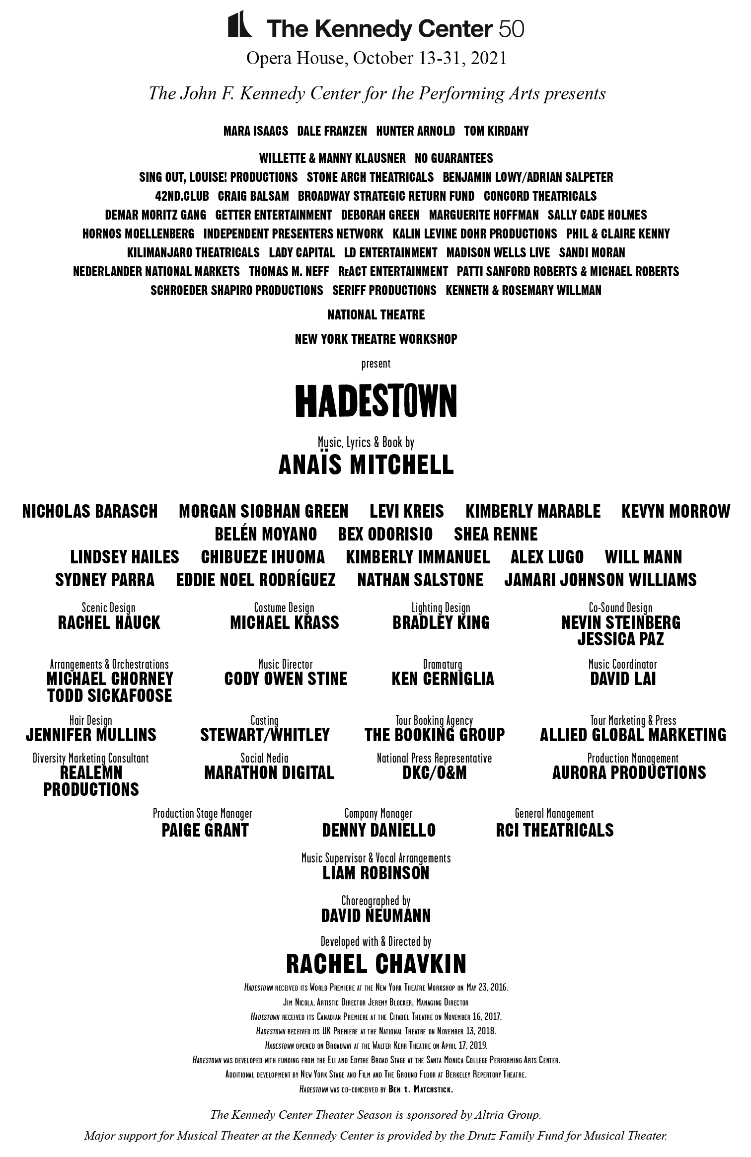 The title page of Hadestown, filled with cast, crew, and supporter names.