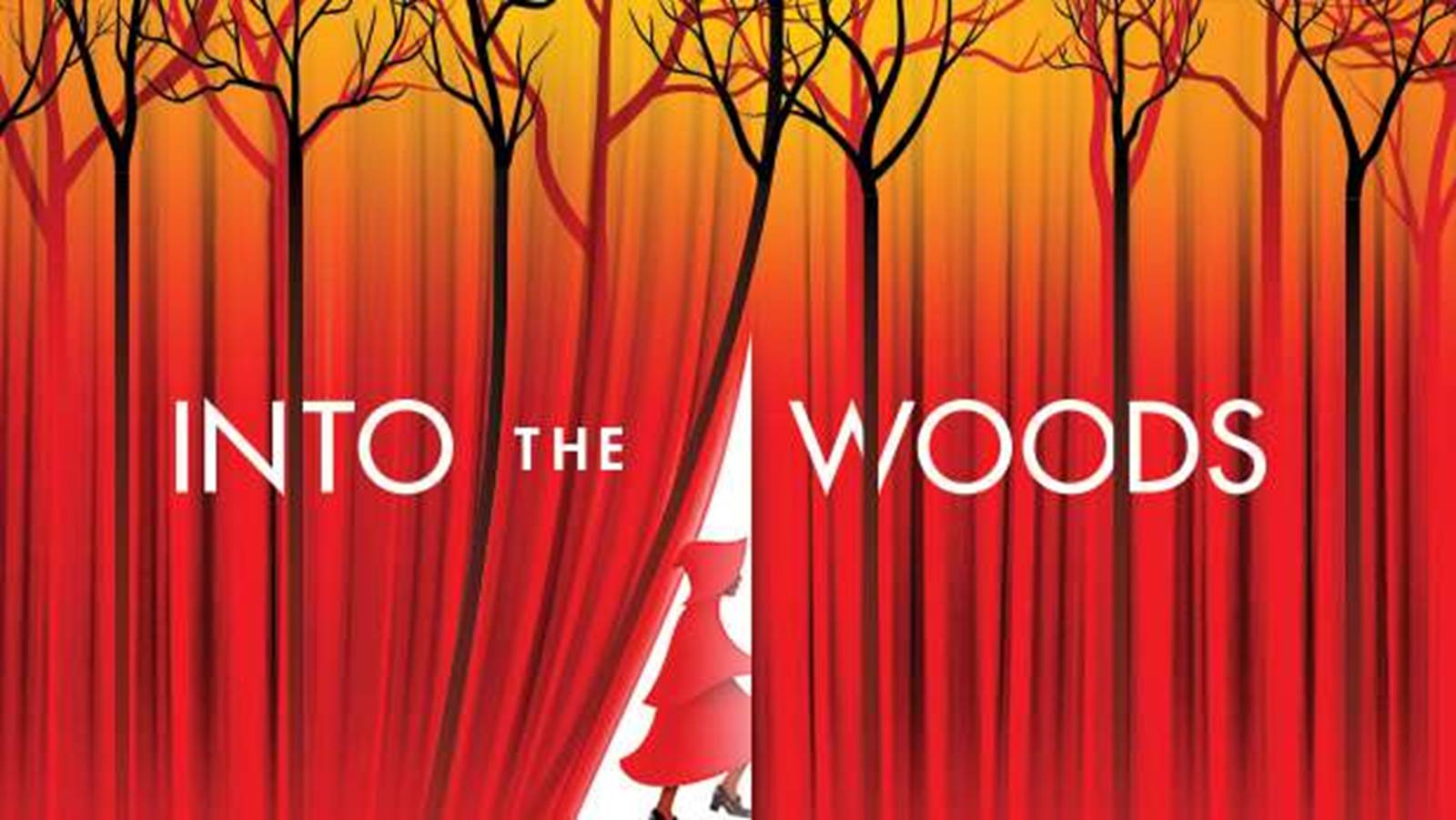 Into the Woods title graphic with a Little Red Riding Hood image going into a stage curtain with a forest scene