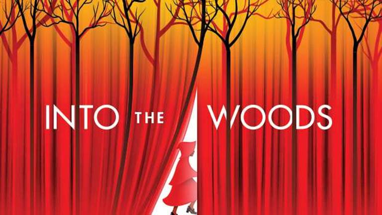 Into the Woods title graphic with a Little Red Riding Hood image going into a stage curtain with a forest scene
