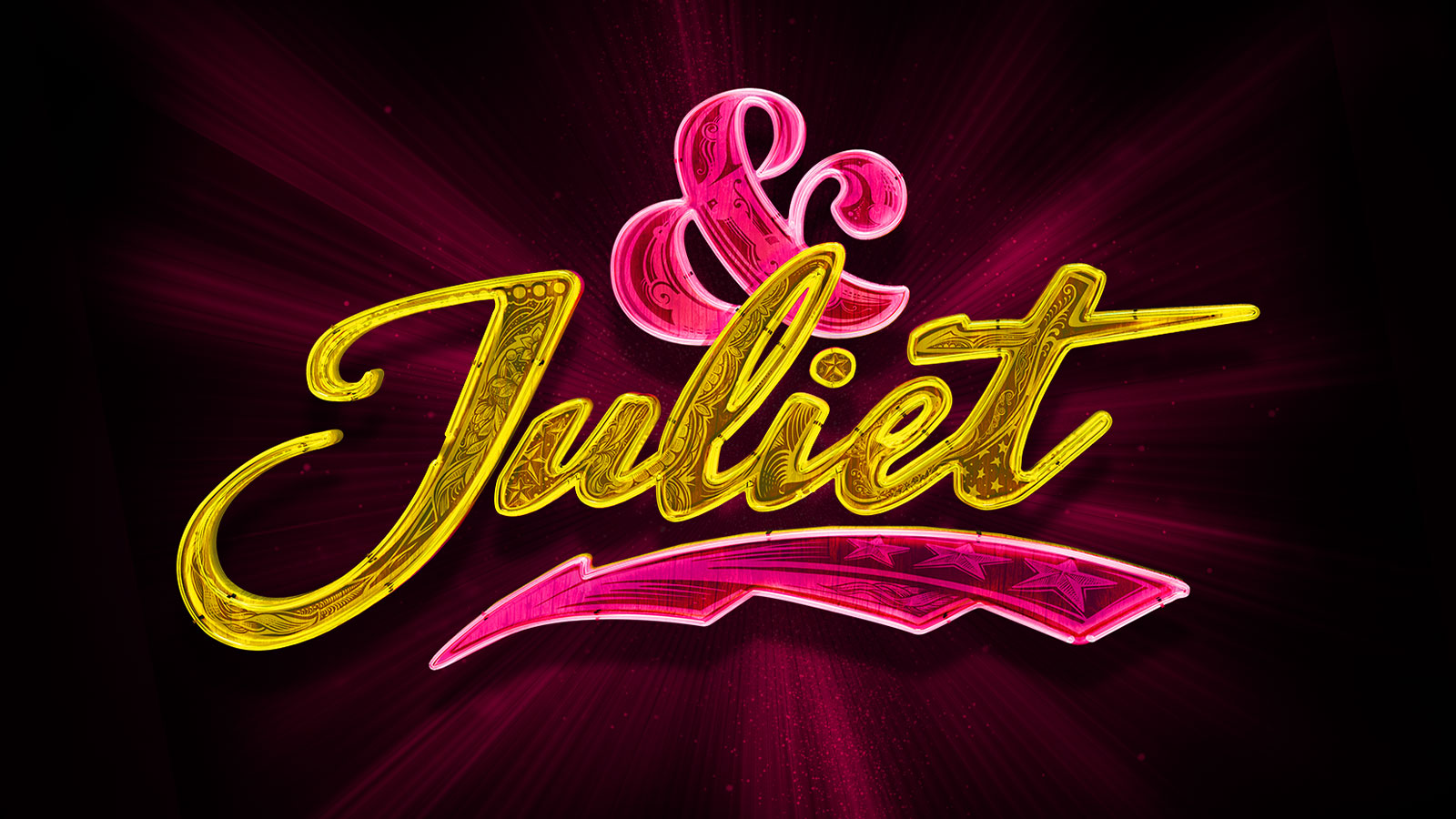 A neon sign on a black backdrop with a pink glow burst. The sign reads "& Juliet". & is pink and Juliet is yellow. 