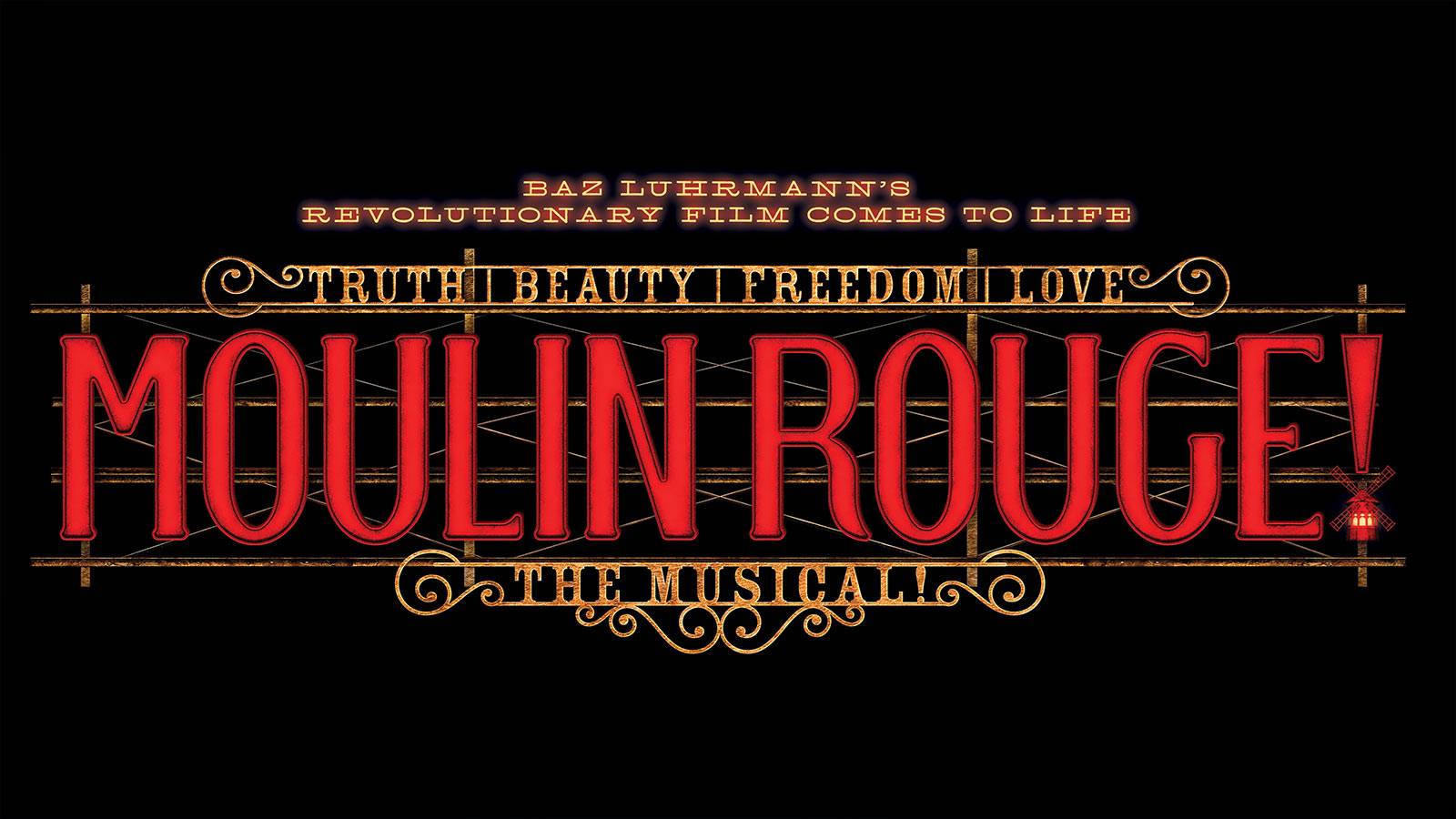 The red Moulin Rouge logo in lights is on a black background. 