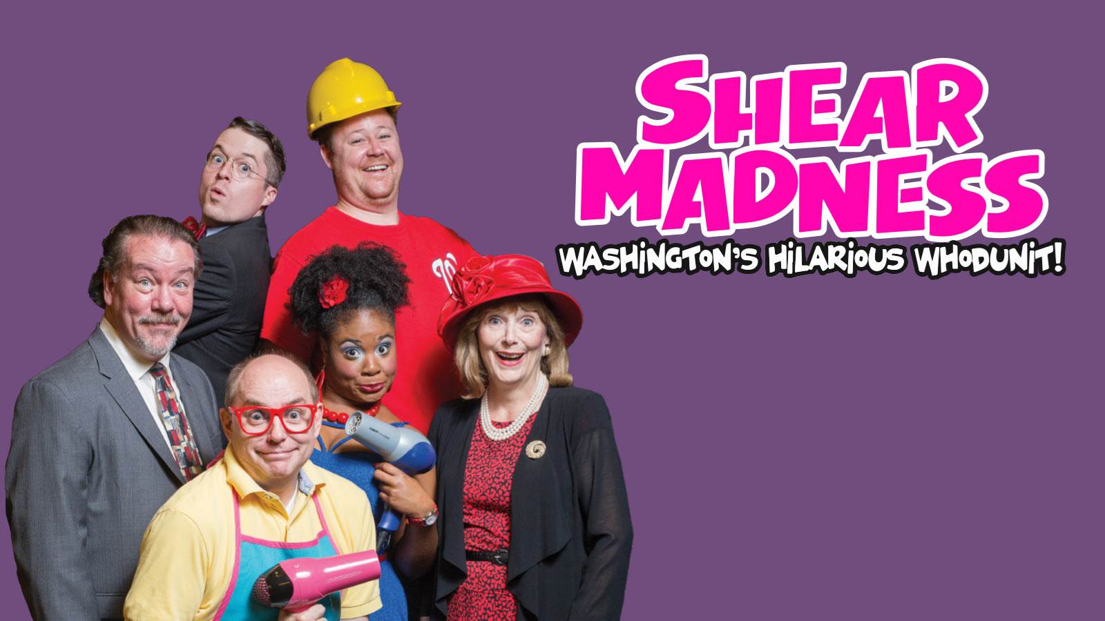 The 5 actors are in costume making funny faces on the left. On the right is the pink and white Shear Madness logo. Both are against a plum purple background. 