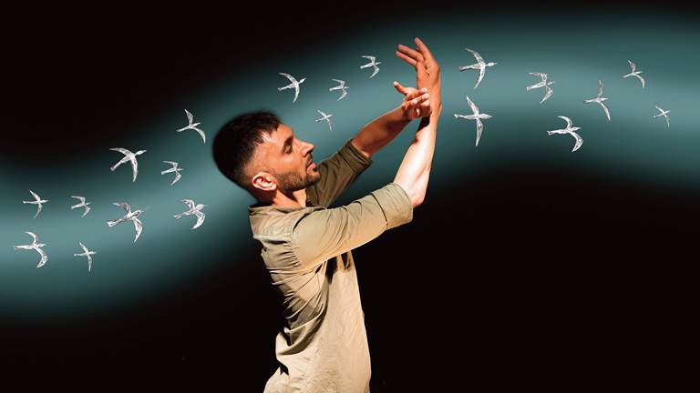 Little Murmur performer moving hands in front of abstract colored swirls of birds