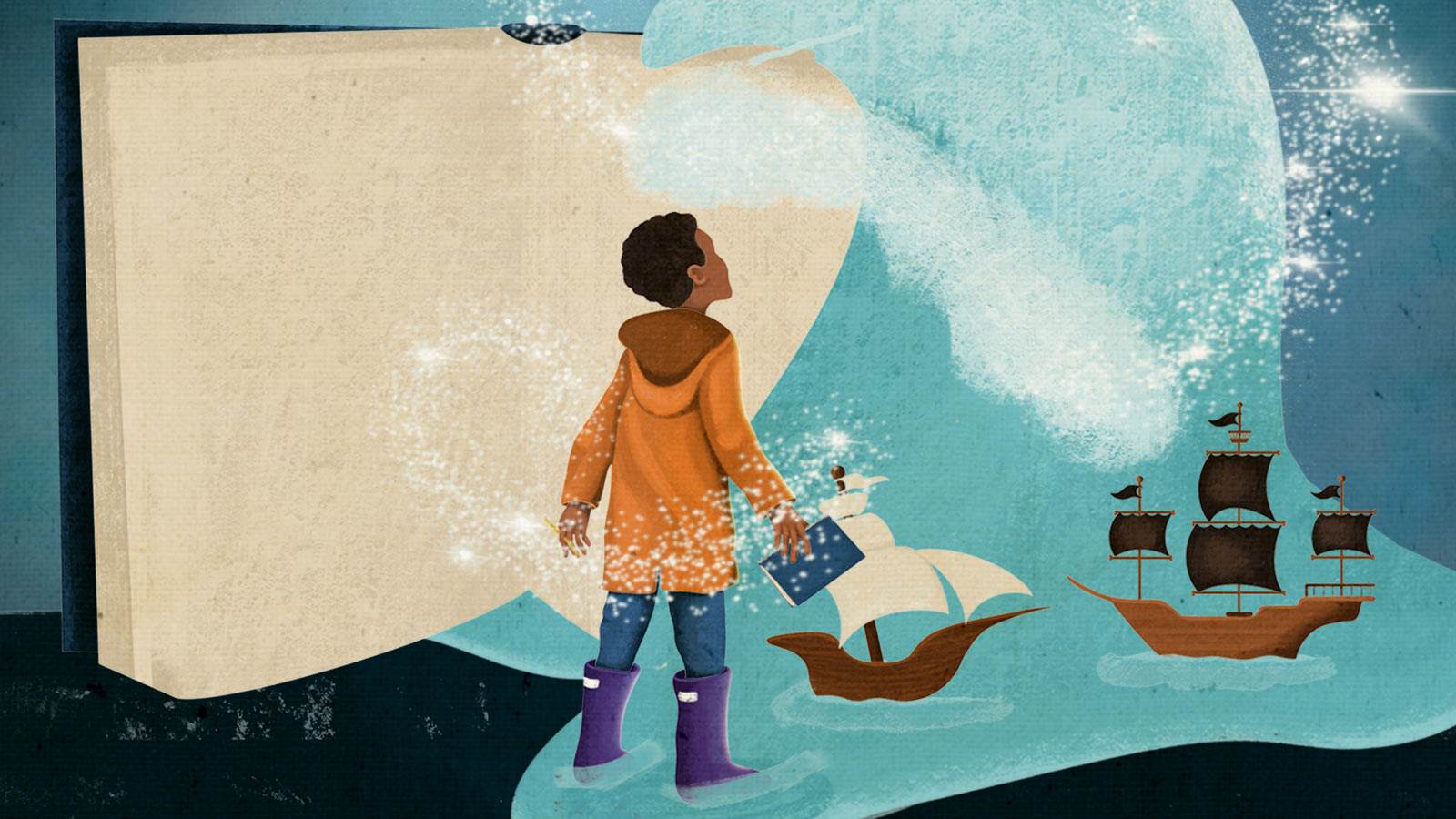 illustration of boy in front of large book surrounded my water and waves