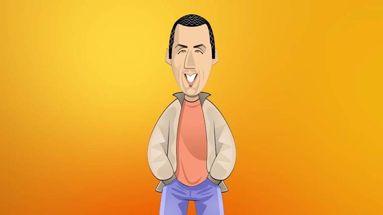Illustration of Adam Sandler smiling with hands in pockets